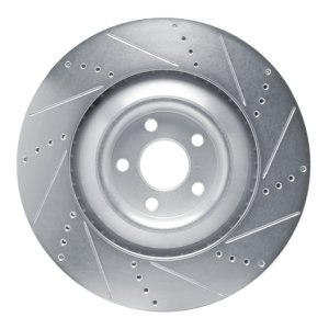 Ford Mustang Mach-E Brake Rotor (1) - Front Left - R1 Concepts - Drilled & Slotted - Silver - `21-`25